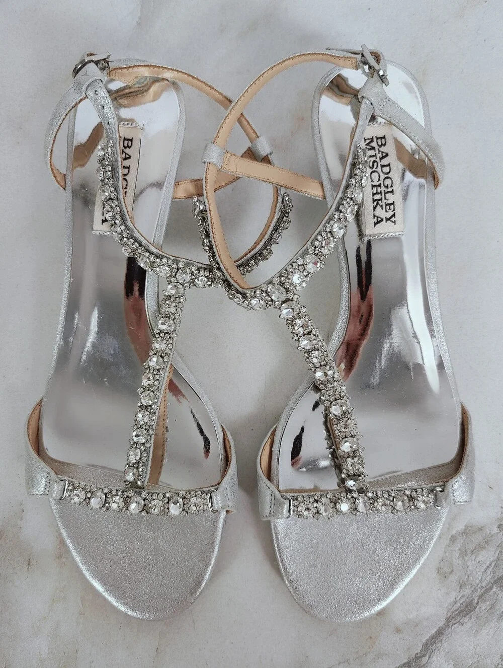Badgley Mischka Silver Crystal T-Strap Wedge Sandals